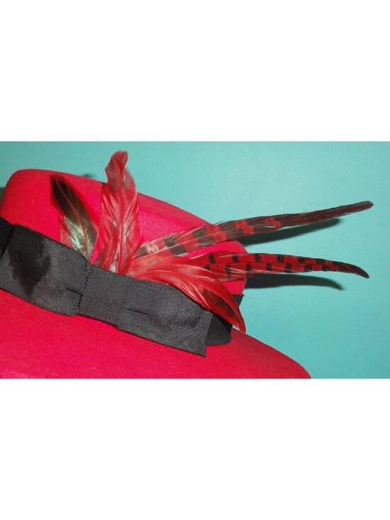 Vintage Red Wool Church Hat w/ Feathers pinup retro rockabilly Kentucky Derby main image 8